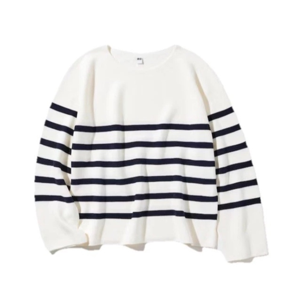 UNIQLO Women’s White Black Striped 3D Cotton Crewneck Relaxed Nautical Sweater S